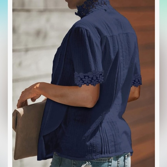 NWOT Dokotoo Lace Crochet  Flowy Short Sleeve Solid Casual Button Down M Blue - Picture 3 of 6